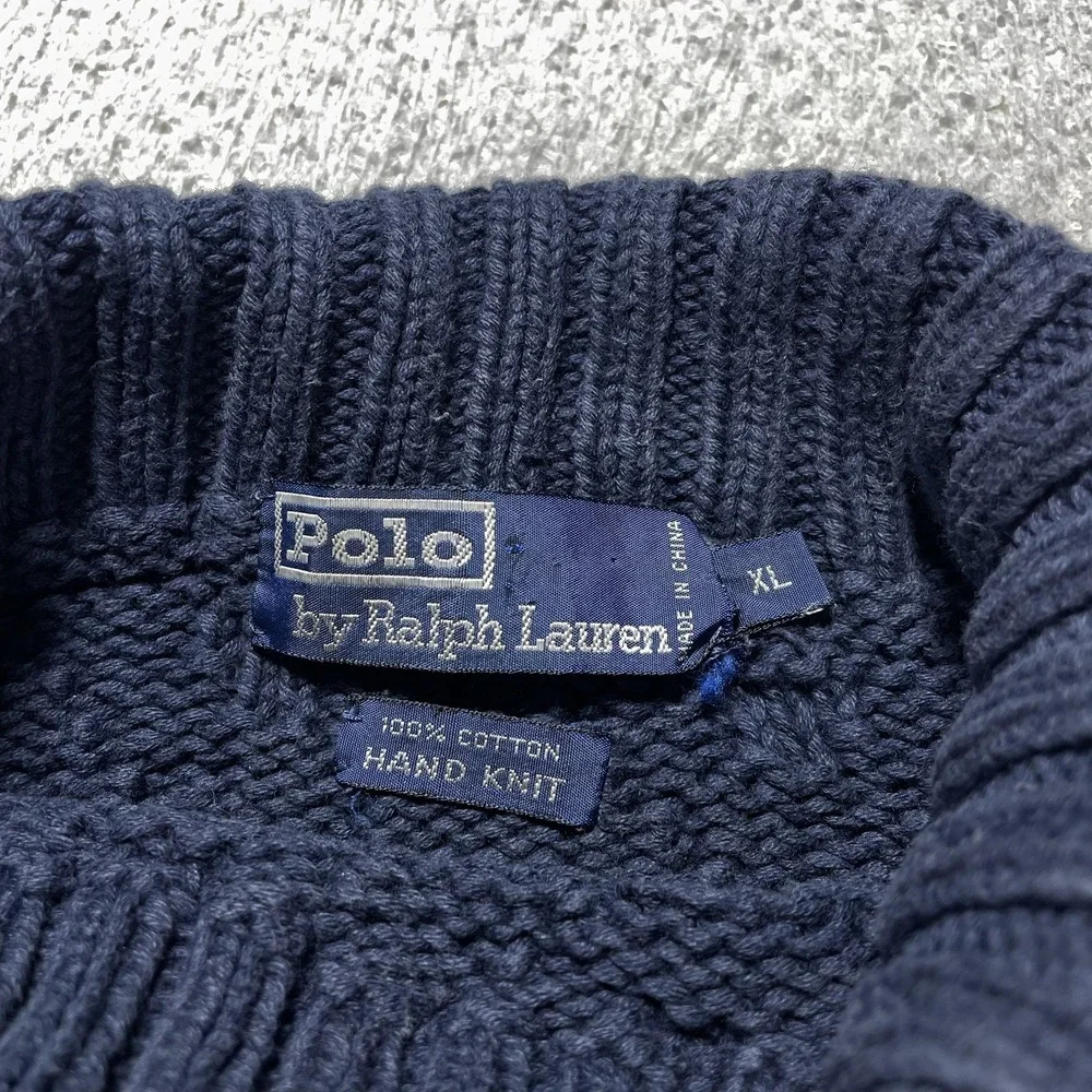 Vintage Polo Ralph Lauren Hand Knit Cotton Turtleneck Sweater Navy XL 90s RARE
